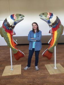 Completed Trout Sculptures- Twin Chief Big Creek and artist Jeanne Matheny